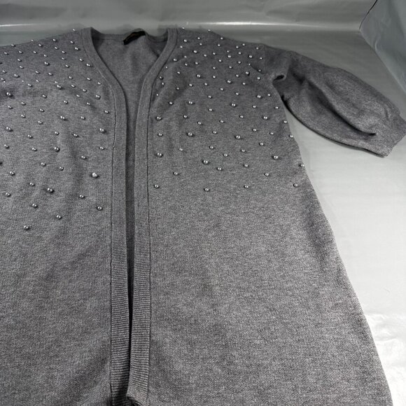 Christine Phillipe Pearl Studded Cardigan Women Sweater Balloon Sleeve Knit Grey - Picture 2 of 16